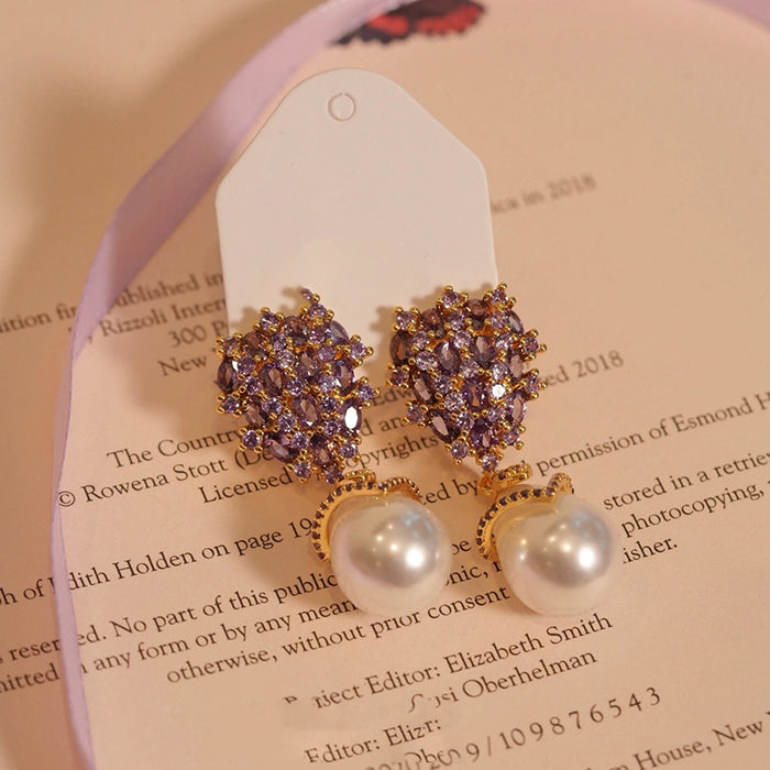 Light Luxury Gold Plated Zircon Teardrop Faux Pearl Stud Earrings, Vintage Elegant Design