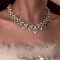 French Rhinestone Flower Faux Pearl Earrings And Necklace Jewelry Set For Women view 2