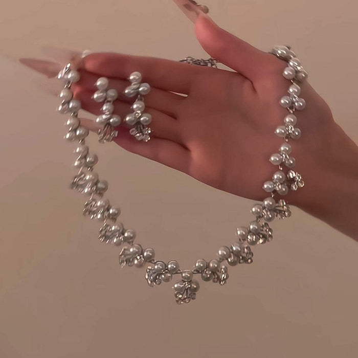 French Rhinestone Flower Faux Pearl Earrings And Necklace Jewelry Set For Women