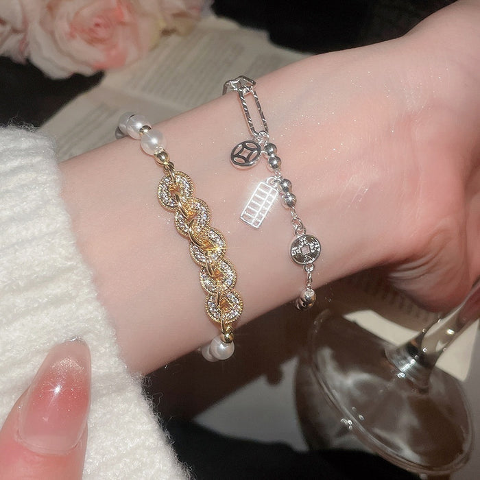 Light Luxury New Chinese Style Faux Pearl Zircon Coin Geometric Round Bangle Bracelet