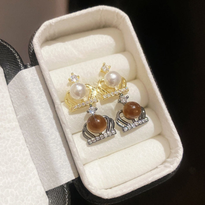 Light Luxury Zircon Crown Faux Pearl Stud Earrings With Silver Posts