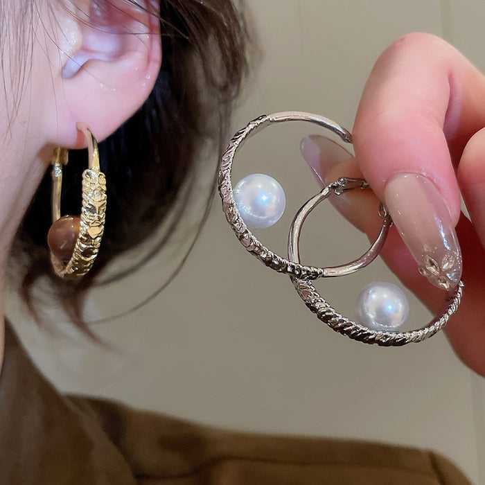 French Style Faux Pearl Round Hoop Earrings For Women, Geometric Minimalist Daily Jewelry