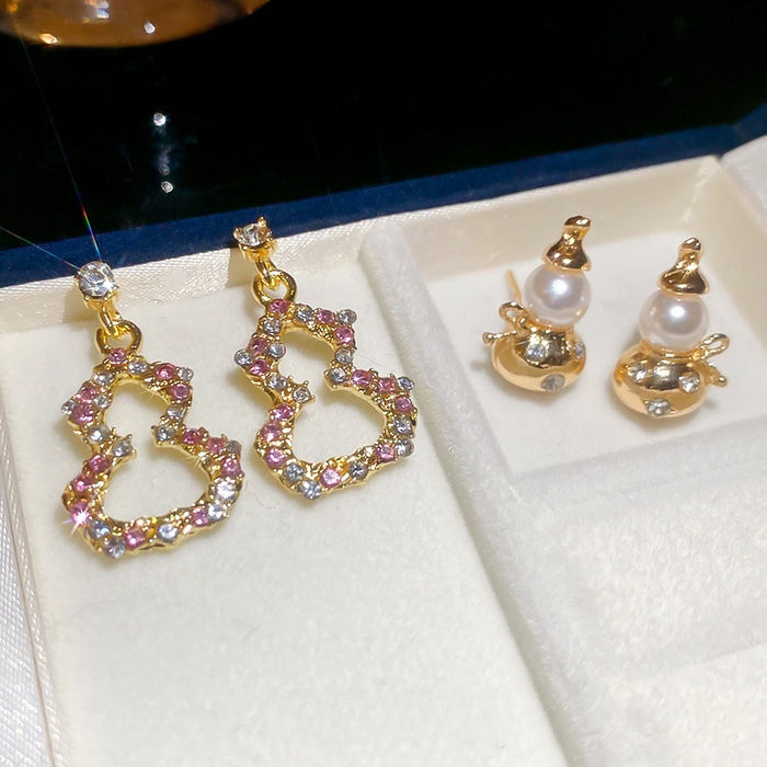 Light Luxury Chinese Style Gourd Faux Pearl Rhinestone Silver Post Stud Earrings