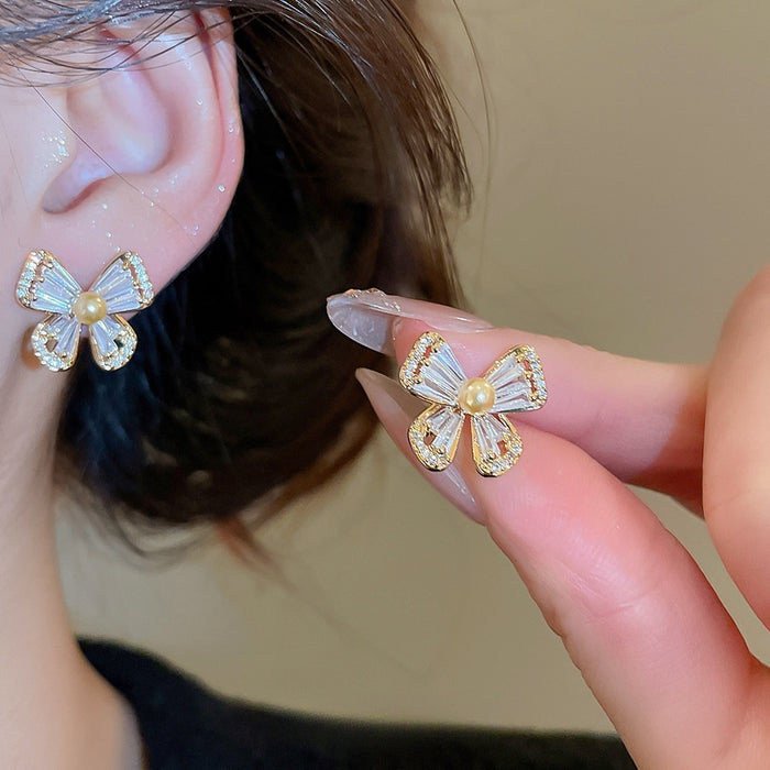 Gold Plated Copper Butterfly Zircon Pearl Stud Earrings With Silver Needle Posts For Women