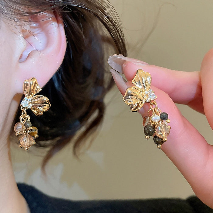Light Luxury Floral Tiger Eye Crystal Tassel Drop Earrings With Zircon Petals For Women