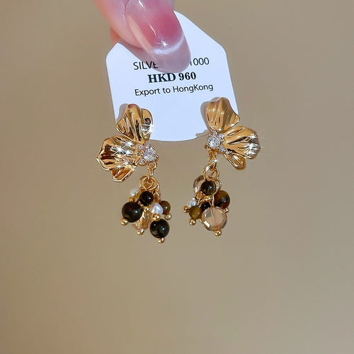 Light Luxury Floral Tiger Eye Crystal Tassel Drop Earrings With Zircon Petals For Women