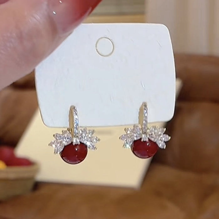 Gold Plated Silver Post Zircon Round Faux Pearl Drop Earrings Minimalist Geometric Light Luxury
