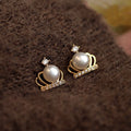 Vintage Crown Zircon Faux Pearl Stud Earrings For Women Light Luxury Geometric Design view 1