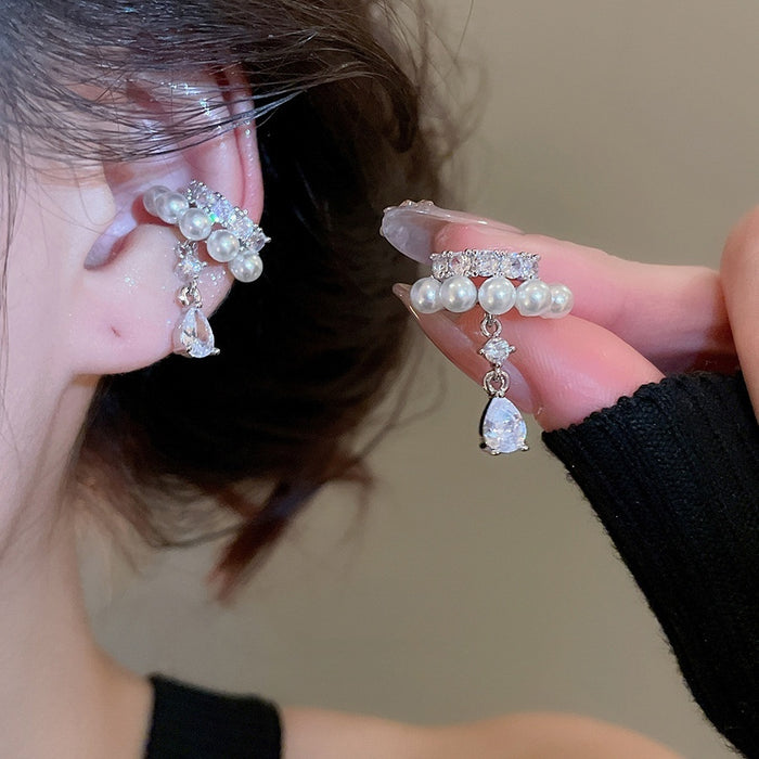 French Light Luxury Copper Wing Zircon Pearl Clip-on Earrings for Women