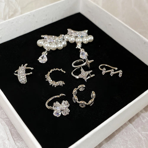 French Light Luxury Copper Wing Zircon Pearl Clip-on Earrings for Women