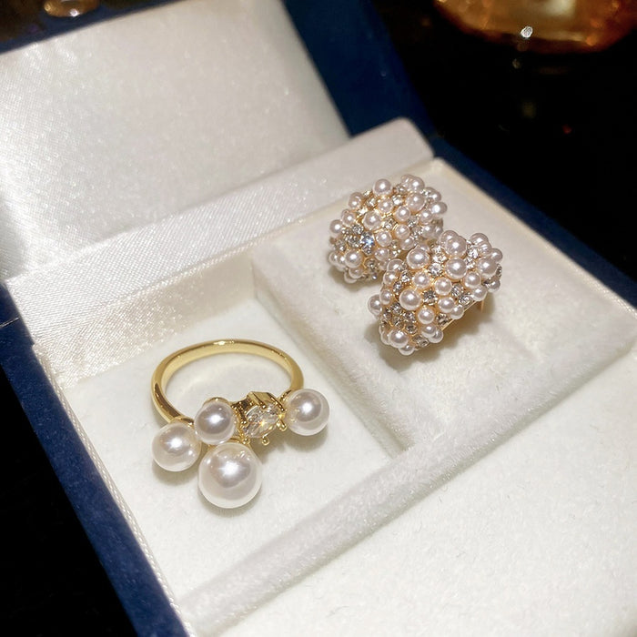 Old Money Faux Pearl Zircon C Hoop Earrings Jewelry Set With Silver Posts
