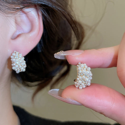 Old Money Faux Pearl Zircon C Hoop Earrings Jewelry Set With Silver Posts