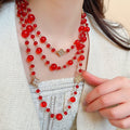 Red Rhinestone Lucky Clover Flower Beaded Long Alloy Sweater Necklace Light Luxury Style view 3