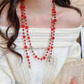 Red Rhinestone Lucky Clover Flower Beaded Long Alloy Sweater Necklace Light Luxury Style view 1