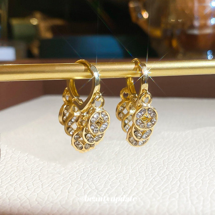 Light Luxury Alloy Five Emperor Coin Rhinestone Round Geometric Drop Earrings Chinese Retro Style
