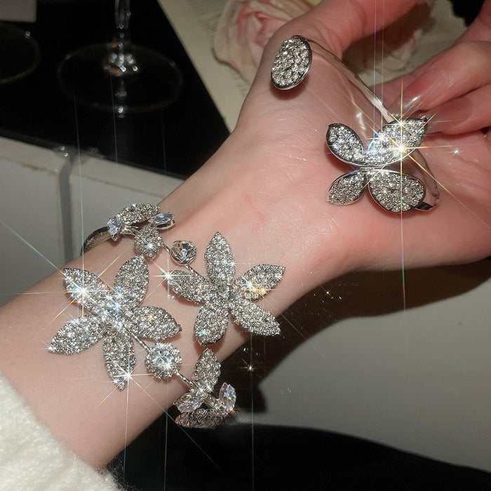 Elegant Rhinestone Flower Open Copper Bangle, Light Luxury Designer Cuff Bracelet