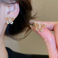 Gold Plated Copper Zircon Butterfly Stud Earrings With Silver Posts French Vintage Jewelry view 2