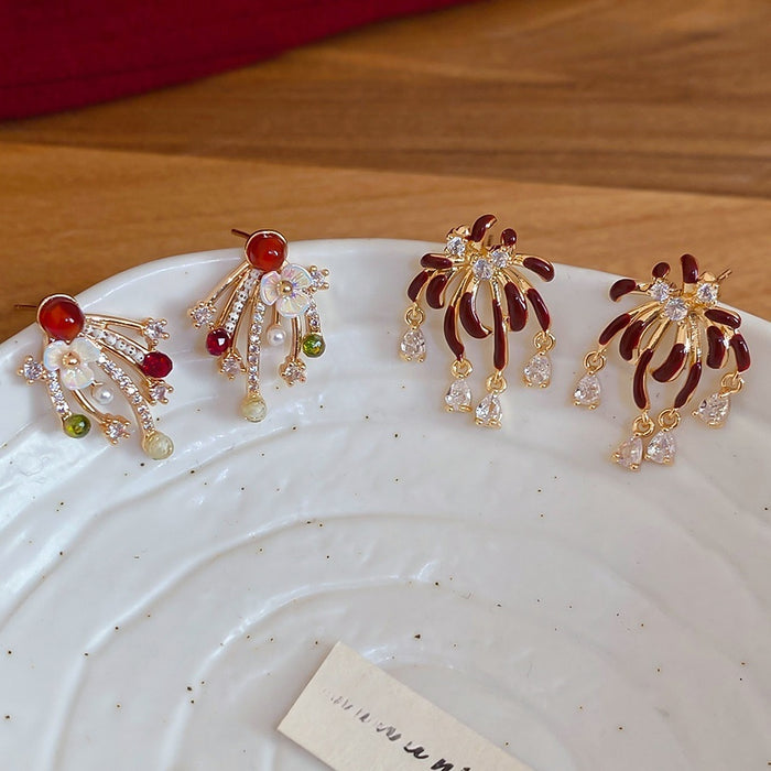 Gold Plated Copper Zircon Firework Flower Drop Earrings With Silver Posts Vintage Light Luxury