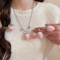 Stainless Steel Zircon Flocked Strawberry Earrings Necklace Jewelry Set, Sweet Elegant Style view 1