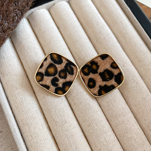Alloy Silver Needle Flocked Leopard Print Geometric Heart Drop Earrings Retro Niche Style