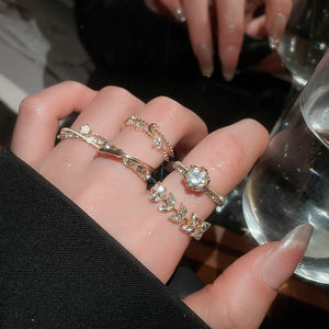 French Light Luxury Flower Zircon Faux Pearl Open Ring Jewelry Set For Women