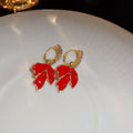 Red Enamel Rhinestone Maple Leaf Copper Earrings, Elegant Minimalist Ear Cuffs For Women view 4