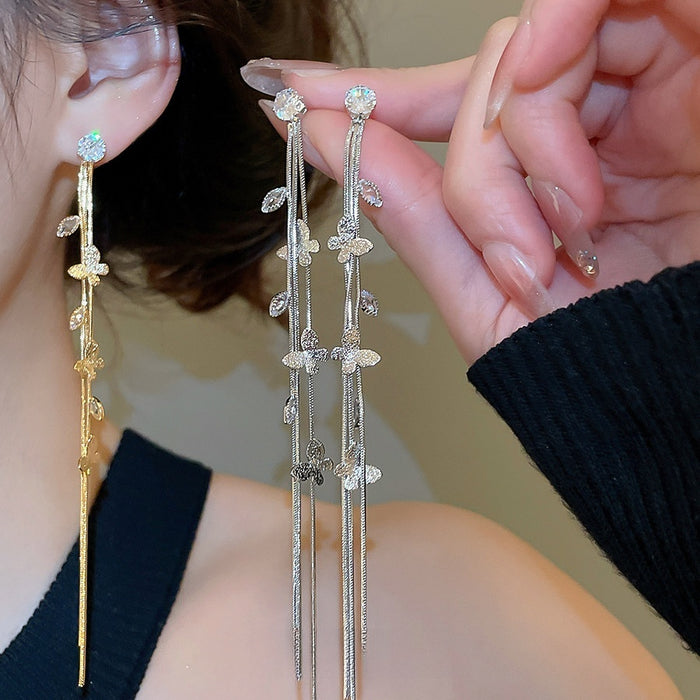 Copper Zircon Butterfly Tassel Drop Earrings With Silver Needle Light Luxury Elegant Style