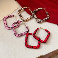 Leopard Print Faux Leather Diamond Geometric Hoop Earrings With Silver Pins For Women view 4