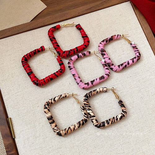 Leopard Print Faux Leather Diamond Geometric Hoop Earrings With Silver Pins For Women
