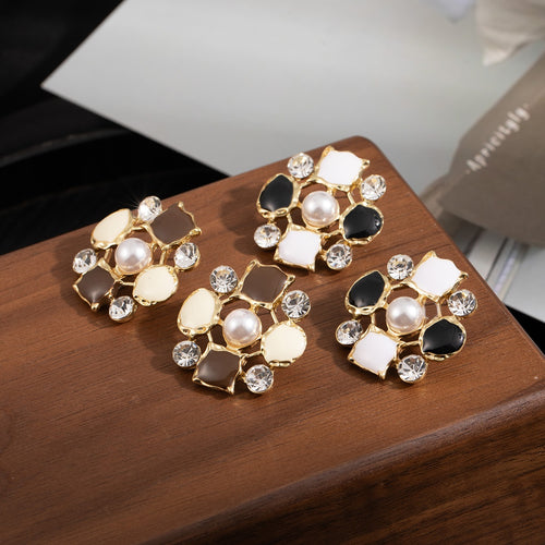 Elegant Pearl Rhinestone Hollow Flower Geometric Enamel Alloy Stud Earrings