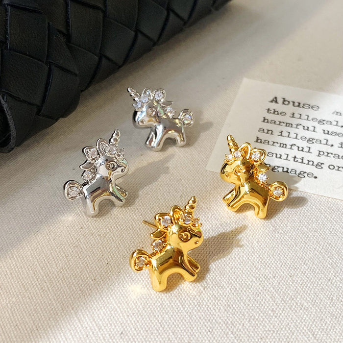 18K Gold Plated Copper Zircon Horse Drop Earrings For Women Light Luxury Animal Jewelry