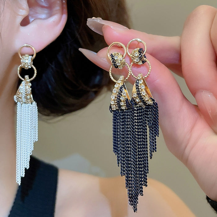 Alloy Rhinestone Chain Tassel Drop Earrings Geometric Light Luxury Statement Studs for Women