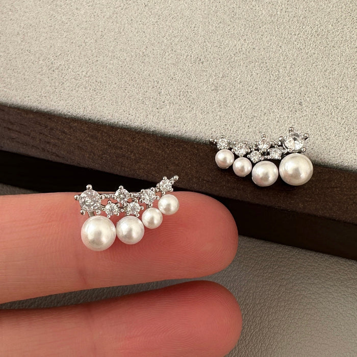 Light Luxury Geometric Round Faux Pearl Zircon Stud Earrings For Women (1194)