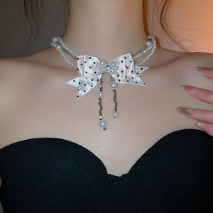 Polka Dot Bow Layered Faux Pearl Necklace Sweet Elegant Light Luxury Collarbone Jewelry