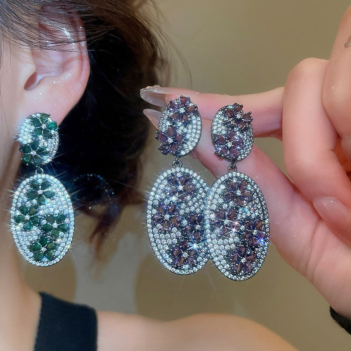 Vintage Oval Zircon Flower Copper Stud Earrings With Silver Pins, Light Luxury Geometric Jewelry