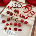 Red Zircon Geometric Round Alloy Earrings With Silver Pins, Vintage Minimalist Modern Jewelry view 1