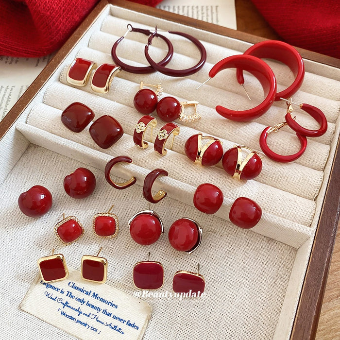 Red Zircon Geometric Round Alloy Earrings With Silver Pins, Vintage Minimalist Modern Jewelry