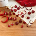 Red Zircon Geometric Round Alloy Earrings With Silver Pins, Vintage Minimalist Modern Jewelry view 3