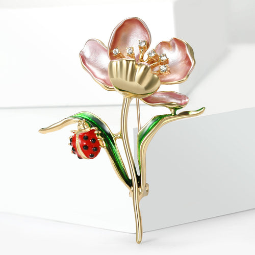 Alloy Rhinestone Enamel Ladybug Lotus Brooch Pin For Women's Coat