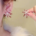 Light Luxury Red Floral Zircon Faux Pearl Stud Earrings With Silver Pins For Women view 3