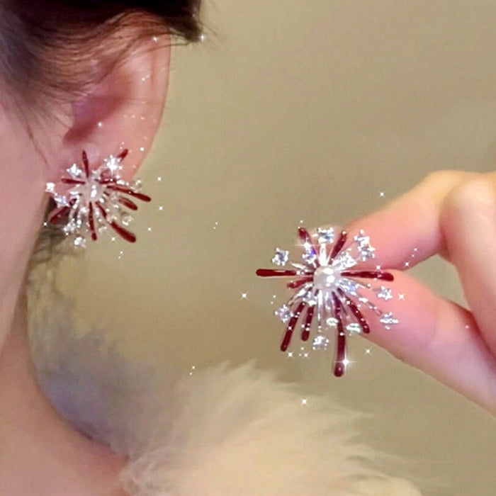 Light Luxury Red Floral Zircon Faux Pearl Stud Earrings With Silver Pins For Women