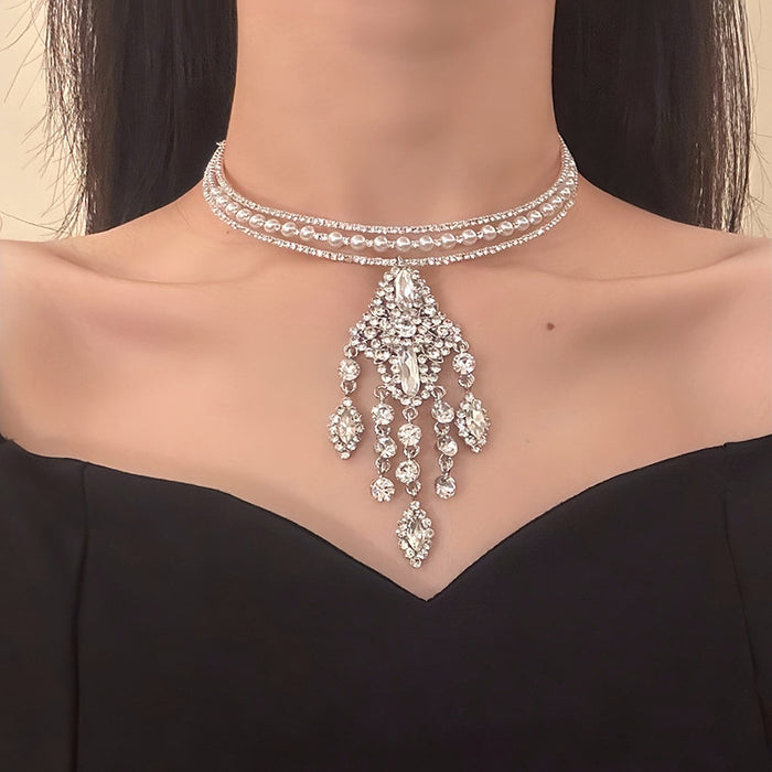 Old Money Faux Pearl Geometric Rhinestone Tassel Choker Necklace For Women