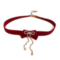 Red Flocked Rhinestone Bow Tassel Alloy Necklace Vintage Old Money Style Clavicle Choker For Women view 5