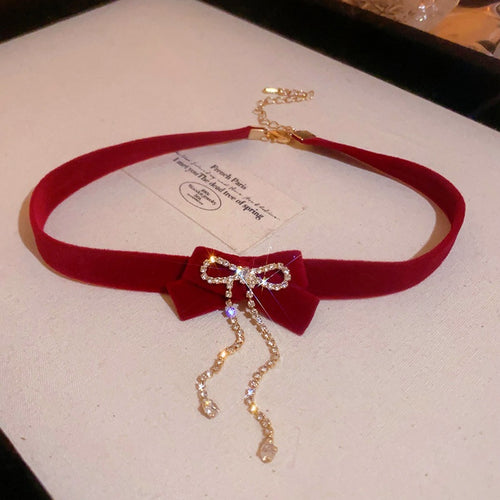 Red Flocked Rhinestone Bow Tassel Alloy Necklace Vintage Old Money Style Clavicle Choker For Women