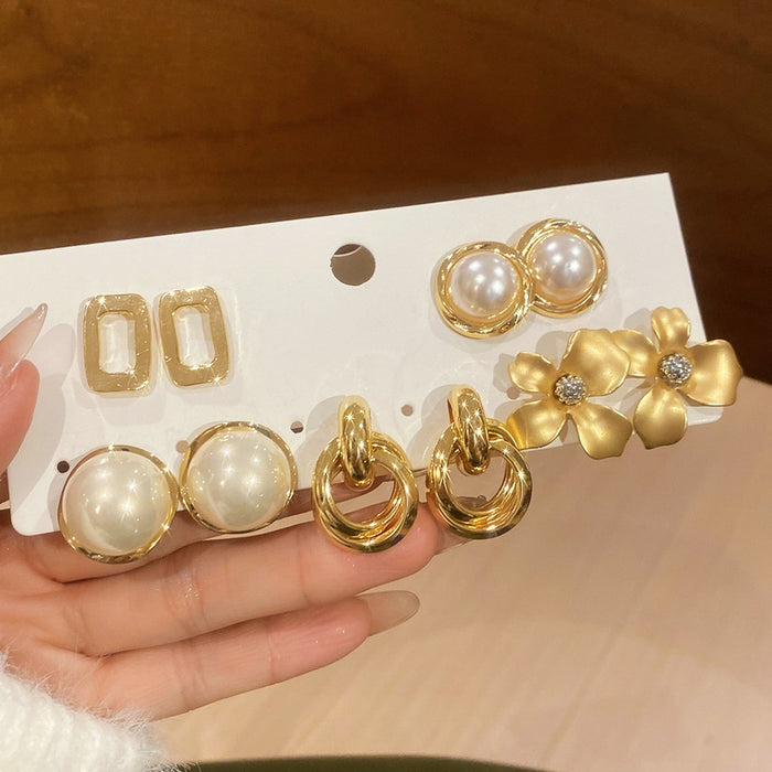 French Retro Flower Faux Pearl Stud Earrings Jewelry Set Light Luxury Niche Design
