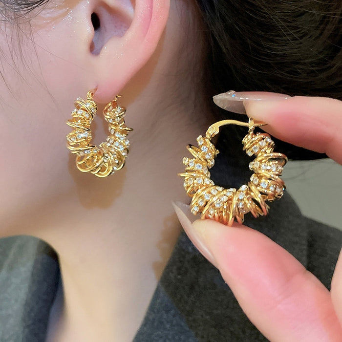 Gold Plated Copper Zircon Twisted Round Hoop Earrings For Women Geometric European Style