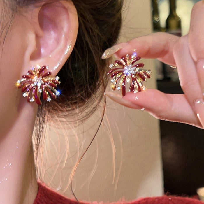 Light Luxury Red Firework Flower Zircon Copper Stud Earrings With Silver Pin For Women