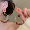 Vintage Stone Round Tassel Drop Earrings With Silver Pin Rhinestone Geometric Ethnic Design view 3