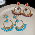 Vintage Stone Round Tassel Drop Earrings With Silver Pin Rhinestone Geometric Ethnic Design view 4