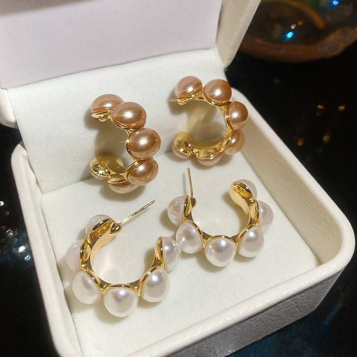 Gold Plated Silver Pin C Shaped Faux Pearl Stud Earrings French Retro Light Luxury Oval Jewelry